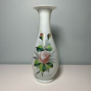 Vintage 40s White Opaline Glass Hand Painted Vase Blown Art Glass Floral